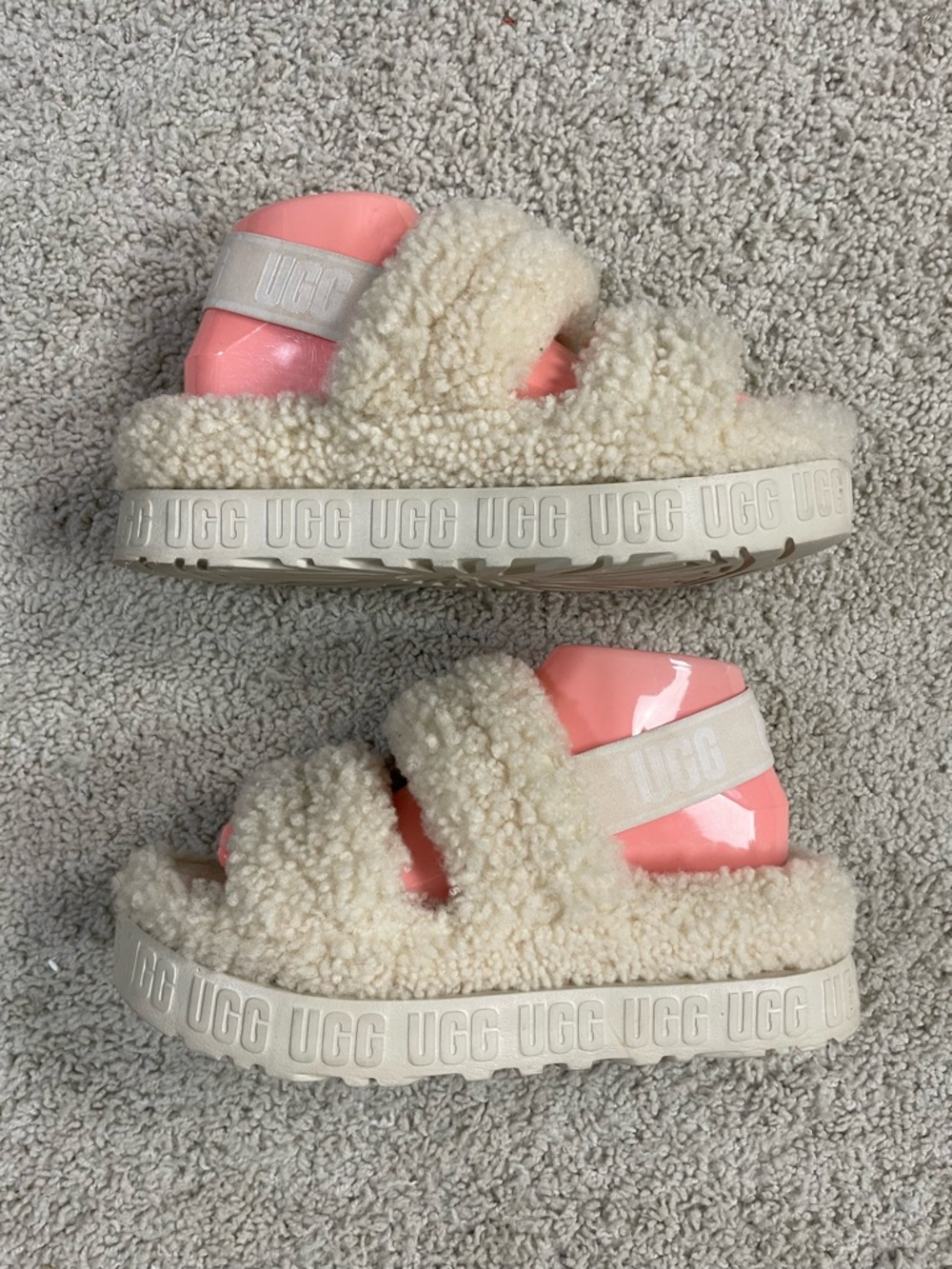 Womens UGG Cream OH FLUFFITA Sheepskin PLATFORM Sheep Shearling SANDALS Slippers